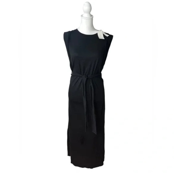VINCE - Wrap Waist Cotton Jersey Sleeveless Midi Back cout out Dress in Black - Picture 2 of 8